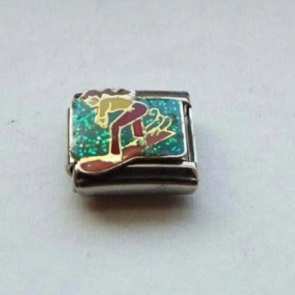 Snowboarder on sparkly blue enamel 9mm stainless steel italian charm link new - Picture 1 of 2